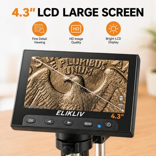 Vista 2 de Elikliv Microscopio, microscopio digital LCD para monedas 1000x, lupa de monedas con 8 luces LED ajustables, vista de PC compatible con Blanco