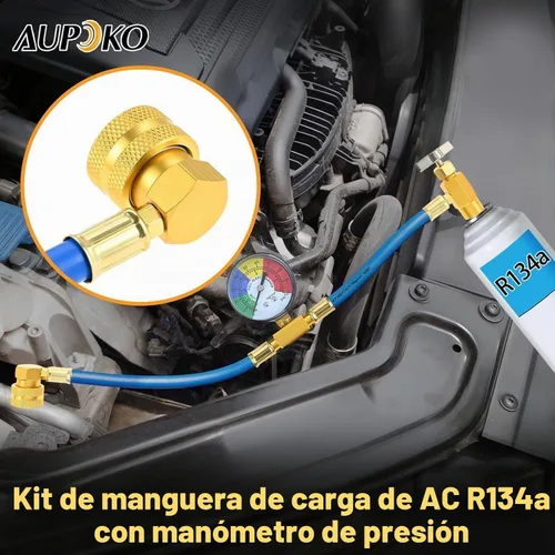 Vista 5 de Kit de manguera de carga de refrigerante R134A para CA, lata con válvula autosellante de 1/2'', y manguera de recarga con manómetro de presión