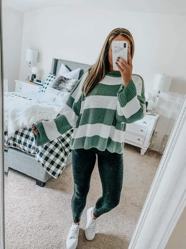 Vista 8 de ZESICA - Suéter tejido sin botones de manga larga y cuello redondo para mujer, a rayas, bloques de color, cómodo, holgado, talla extragrande