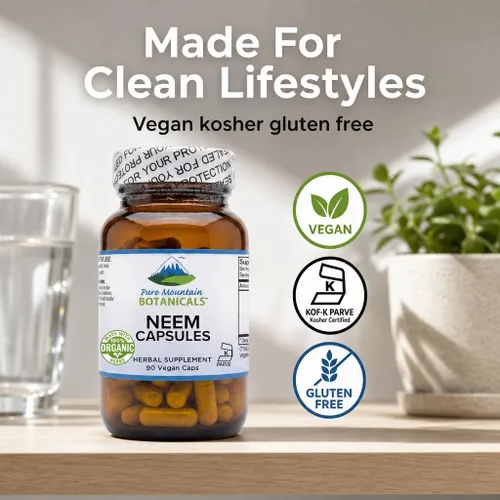 Vista 5 de Pure Mountain Botanicals Neem Cápsulas – Hoja de Neem orgánica de 500 mg – 90 cápsulas Kosher veganas – Suplemento para la piel y el bienestar