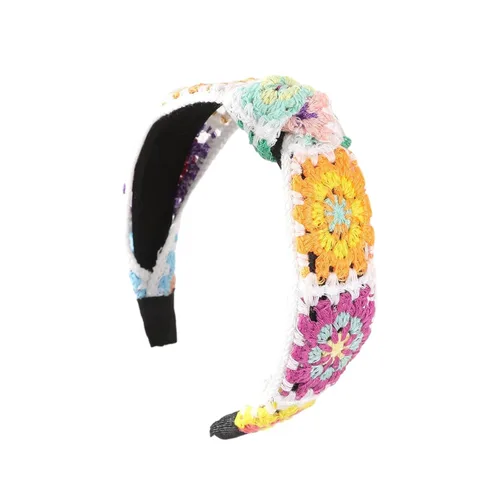 Vista 9 de LIANXUE Diadema de punto floral para mujer, turbante elástico, floral, ganchillo, cuadrado, estilo étnico, diadema envolvente para la cabeza