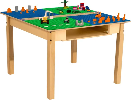 Vista 31 de Contender Time-2-Play - Mesa de madera contrachapada de abedul para niños, color azul y verde, compatible con Lego Montessori con estante para sala