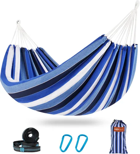 Vista 13 de Lazy Daze Hammocks Hamaca doble brasileña de algodón, hamaca portátil extragrande para acampar al aire libre con correas para árboles y bolsa