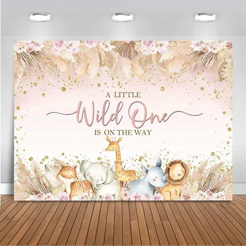 Vista 8 de Mocsicka Telón de fondo para baby shower de safari para niños, diseño bohemio, animales de la selva, un poco salvaje, uno está en el camino, vinilo