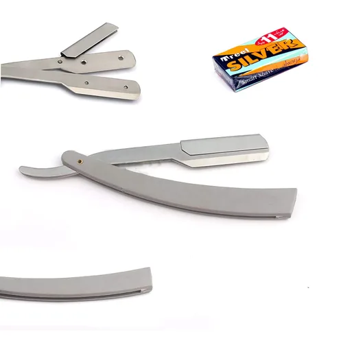 Vista 8 de OdontoMed2011® Rastrillos profesionales rectos de acero con borde de barbero plegable para afeitar, rastrillo de afeitado doble (mango negro)