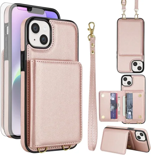 Vista 10 de Funda de teléfono para iPhone 13 Mini de 5.4 pulgadas con protector de pantalla, correa cruzada para muñeca, bloqueo RFID, tarjetero de crédito