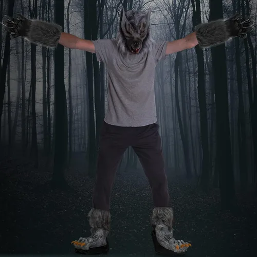 Vista 3 de Skeleteen Guantes de disfraz de mano de hombre lobo Manos de garra de lobo peluda gris, accesorios de disfraz de monstruo para niños y adultos, Gris