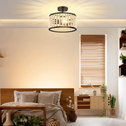 Vista 2 de Lámpara bohemia de granja - Lámpara de techo con cuentas de madera, lámpara de techo rústica semiempotrada, lámpara negra de 2 luces para cuarto