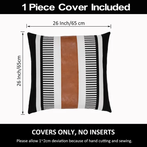 Vista 3 de Funda de Almohada Euro de Rayas Estilo Granja 26x26 Funda de Cojín de Acento Grande Cuero Sintético Blanco y Negro Funda de Almohada Decorativa