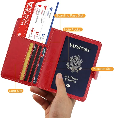 Vista 4 de Funda de piel sintética para pasaporte, con bloqueo RFID, tarjetero para mujeres y hombres, 02 Rojo, Cartera Rfid