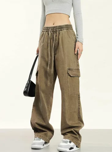 Vista 4 de Dokotoo Pantalones cargo de cintura alta y pierna ancha para mujer, con 6 bolsillos, holgados, informales, de combate, militares
