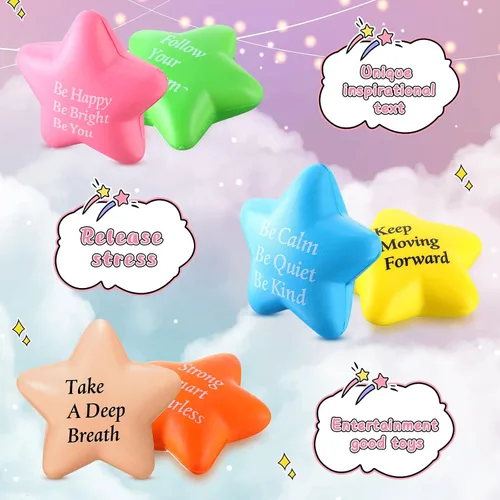 Vista 6 de Leyndo 100 bolas de estrés con forma de estrella a granel con citas motivacionales para aliviar el estrés de 2.2 pulgadas, mini bola de estrés