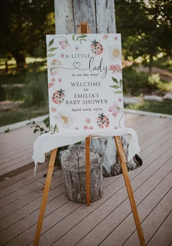 Vista 3 de Personalized Baby Shower Welcome Sign, Red Ladybug Baby Shower Welcome Sign, 12" X 18" (Small), 27" (Medium), 36" (Large), Plastic, Modern, Pole