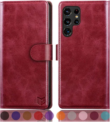 Vista 9 de SUANPOT Funda de piel tipo cartera para Samsung Galaxy S22 Ultra con bloqueo RFID, tarjetero para tarjetas de crédito, funda de teléfono con tapa