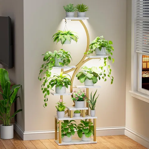 Vista 13 de Soporte para plantas con luces de cultivo para plantas de interior, estante esquinero alto de 8 niveles con luz de espectro completo, en forma de S