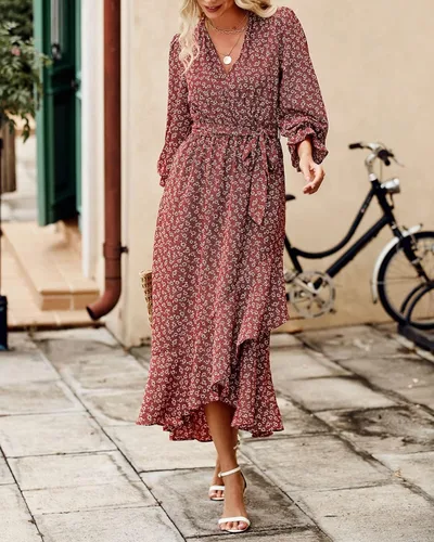 Vista 2 de BTFBM Vestido cruzado de manga larga para mujer cuello en V bohemio floral cintura alta con volantes 2023 primavera y verano maxi vestidos