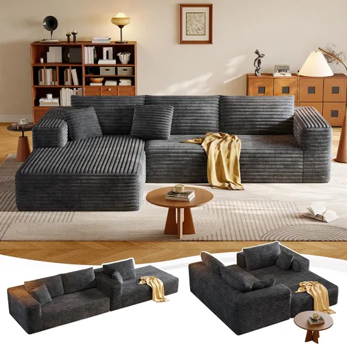 Vista 11 de Sofá Seccional Modular de 108.2" con Asiento Profundo, Sofá de Pana en Forma de L sin Estructura, Comodidad Moderna, Sofá Nube de Gran