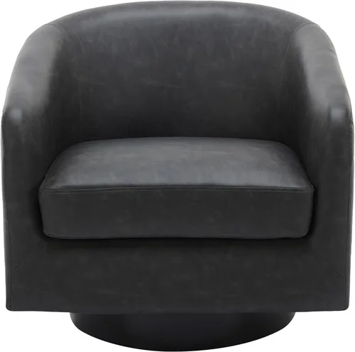 Vista 9 de Silla Giratoria de Acento de Cuero Sintético con Base de Madera, Sillas de Barril Tapizadas Modernas para Sala de Estar, Cómodo Sillón Redondo Sofá