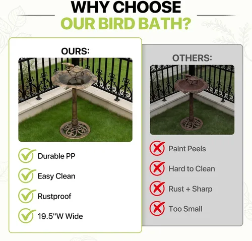 Vista 9 de Magshion Bañera y comedero para pájaros de 35 pulgadas para exteriores, bañera de pájaros con pedestal con diseño de loto vintage, construcción