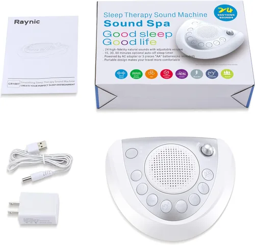 Vista 7 de Raynic Máquina de ruido blanco, máquina de sonido alimentada por batería, máquina de dormir portátil con 24 sonidos relajantes naturales, Plateado