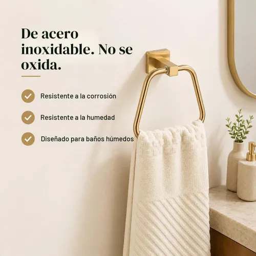 Vista 4 de Anillo de toalla de oro claro cepillado para baño, soporte de toalla de baño de cocina, colgadores de montaje en pared, acero inoxidable resistente