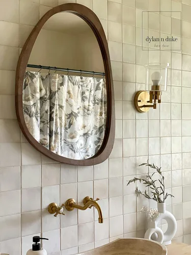 Vista 2 de Espejo bohemio con marco de madera irregular, gran acento montado en la pared, asimétrico, decoración de pared estética moderna para dormitorio
