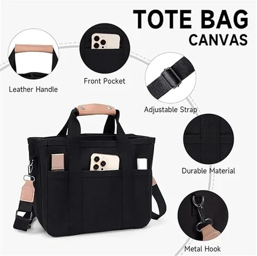 Vista 3 de Moonelo Everything - Bolsa de lona con múltiples bolsillos, bolsa de mano con compartimentos, bolsa de mano para mujer
