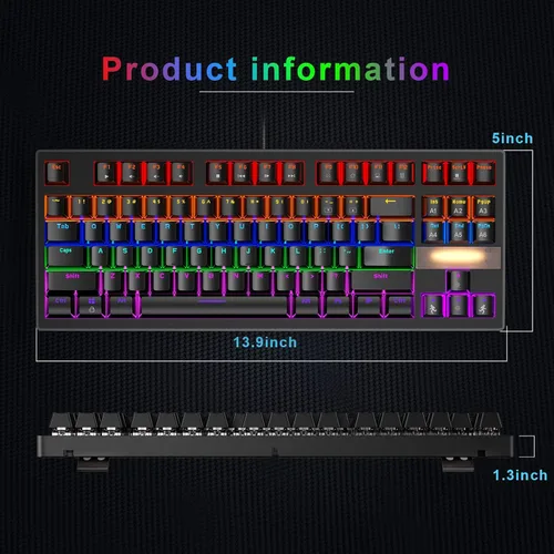 Vista 5 de Anivia - Teclado mecánico para juegos, clásico teclado USB con cable con interruptores azules, teclado impermeable de 87 teclas para PC, portátil