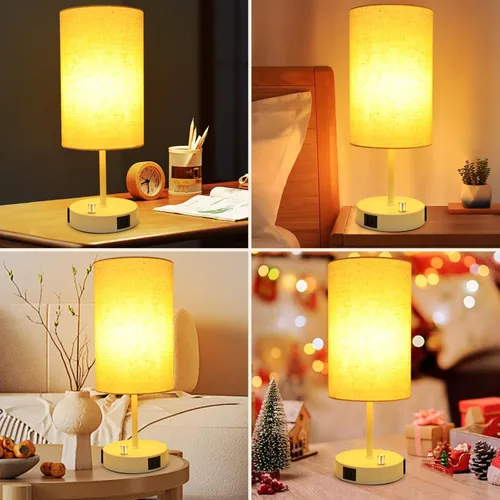 Vista 8 de LTBLIGHT Lámpara de mesita de noche con puerto USB + salida de CA, lámpara de escritorio regulable de 3 vías, lámpara pequeña de base blanca