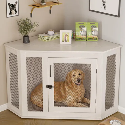 Vista 9 de PUKAMI Mueble esquinero de 52 pulgadas para perros, muebles de madera para perreras con malla, casa decorativa de madera para perros