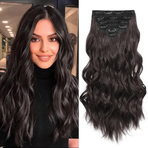 Vista 25 de Fliace Extensiones de cabello con clip para mujer, extensiones de cabello ondulado largo de color marrón medio, extensiones de cabello sintético