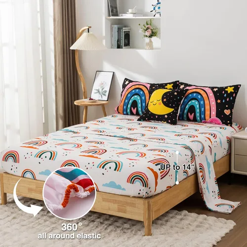 Vista 7 de A Nice Night Juego de ropa de cama de 6 piezas de arcoíris de dibujos animados con luna sonriente impresa para niños y niñas, juegos de edredón