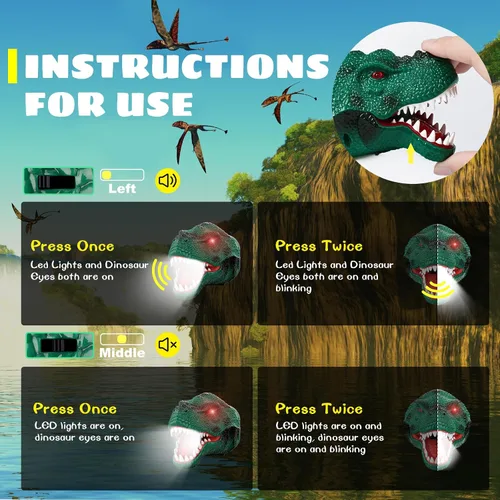 Vista 5 de Dysaim Linterna Frontal para Niños, Linterna Frontal de Dinosaurio T-Rex Recargable para Niños y Lámpara LED de Cabeza, Linterna de Equipo