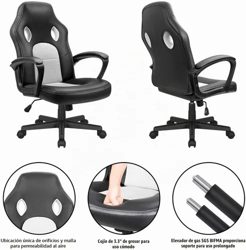 Vista 8 de Silla ejecutiva de piel para oficina, sala de conferencias o videojuegos con respaldo alto, ergonómica, ajustable., Blanco