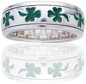 Vista 2 de Anillo de plata de ley con trébol irlandés verde de tres hojas para meditación con trébol irlandés (tallas 4, 5, 6, 7, 8, 9, 10, 11, 12, 13, 14, 15)