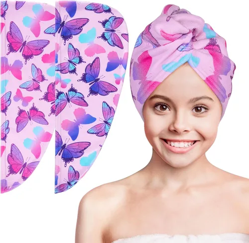 Vista 11 de Basumee Toalla Envolvente de Microfibra para el Cabello para Niños Paquete de 2 Toallas de Cabello de Secado Rápido con Botón Turbantes para Cabello