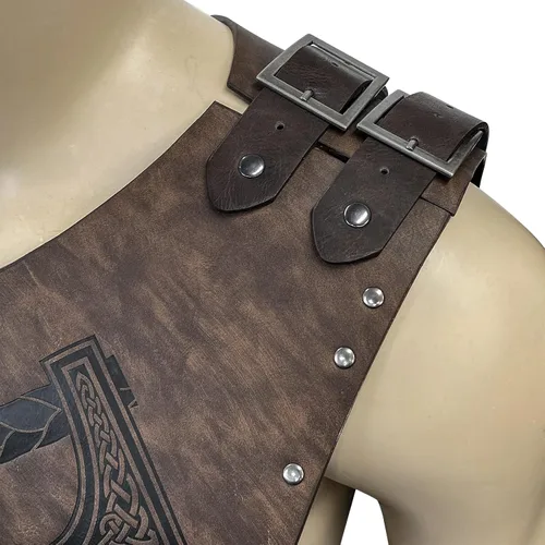 Vista 2 de HiiFeuer Viking - Casco de piel sintética en relieve armadura de pecho con hacha armadura de cuero de caballero medieval retro para LARPCosplay