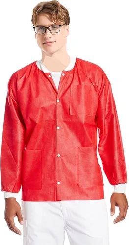 Vista 18 de Paquete de 10 chaquetas desechables de laboratorio, chaqueta médica reutilizable hasta la cadera, unisex, con puños de punto y bolsillos