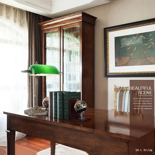 Vista 4 de Vintage Green Glass Shade Table Lamp Industrial Gold Iron Body Light Fixture with Pull Chain Desk