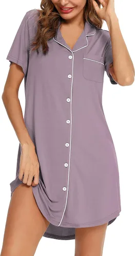 Vista 2 de Samring Camisón de pijama para mujer, manga cortalarga, con botones, camisón para dormir, camisón para novio, talla XXL