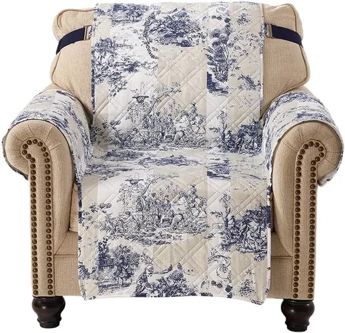 Vista 7 de Brilliant Sunshine Blue Toile Funda Acolchada con Quilted para Silla, 23 pulgadas de Ancho de Asiento, Protector de Muebles Antideslizante, Correa