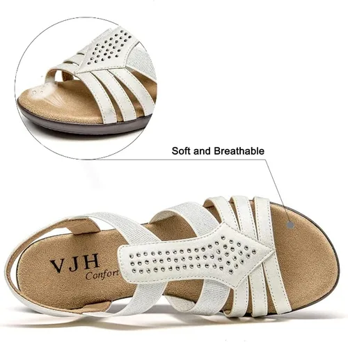 Vista 3 de VJH confort Sandalias planas para mujer, cómodas y elásticas, ligeras, ligeras, informales, para caminar, con diamantes de imitación