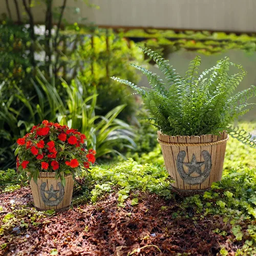 Vista 2 de Macetas de resina retro de herradura de vaquero occidental con agujeros de drenaje, decoración del hogar al aire libre (juego de 2) Agujeros