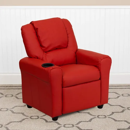 Vista 11 de EMMA + OLIVER Sillón reclinable infantil de vinilo beige con portavasos y reposacabezas