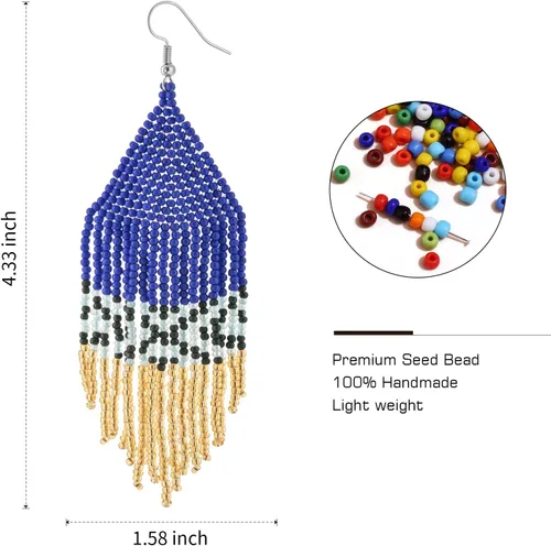 Vista 2 de Native - Aretes de borla con cuentas bohemios, hechos a mano, con flecos, para mujer