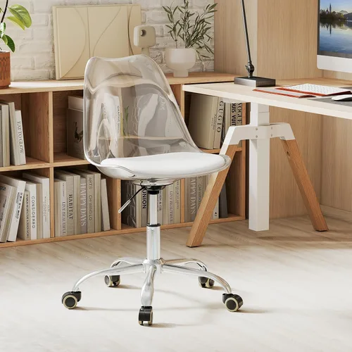 Vista 7 de GIANTEX Juego de 2 sillas de escritorio de acrílico transparente, modernas sillas de oficina en casa con cojín y ruedas de piel sintética, silla