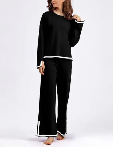 Vista 2 de Yidarer Conjunto de 2 piezas de punto para mujer, suéter de manga larga, pantalones de pierna ancha, conjunto de ropa deportiva