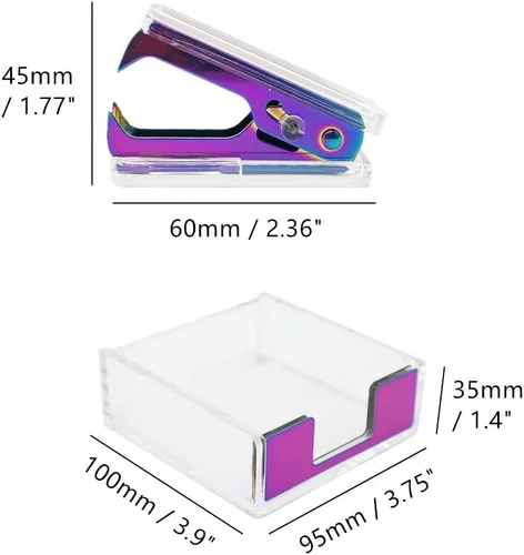 Vista 2 de Cuerpo acrílico transparente colorido tono metálico titular de notas y removedor de grapas conjunto auto-adhesivo cubo dispensador de notas titular