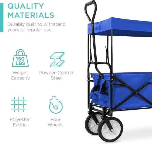 Vista 6 de Best Choice Products Vagón Utilitario Plegable Colapsible para Exteriores con Toldo, Carrito de Jardín para Playa, Pícnic, Campamento, Fiestas