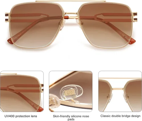 Vista 4 de SOJOS Retro Square Metal Frame Sunglasses for Women Men, Vintage Double Bridge Flat Lens Women Mens Sun Glasses SJ1180
